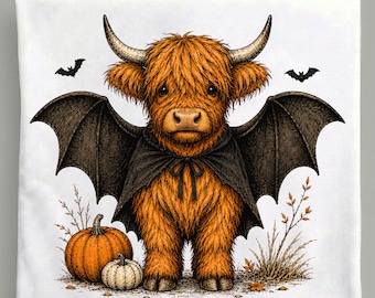 Halloween Highland Cow PNG, Bat Wings Cow Pumpkin, Vintage Spooky Sublimation Digital Download