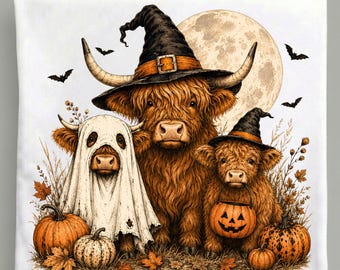 Halloween Highland Cow PNG, Ghost Cow Witch Hat Pumpkin, Spooky Cow Family Sublimation Digital Download