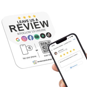 May include: A white card with the text "LEAVE US A REVIEW & FOLLOW US ONLINE" and social media icons. A smartphone displays a review page. The card has a QR code and instructions to tap or scan.