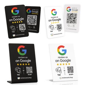 以下が含まれることがあります： Googleのロゴと「review us on Google」のテキストが入った、白黒のGoogleレビューカード。カードにはQRコードと、レビューを残すための「tap」または「scan」のオプションがあります。ウェブサイトreviewcard.shopも表示されています。