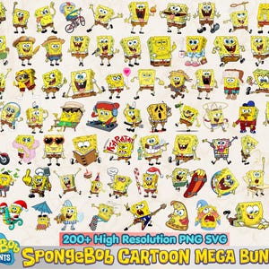 May include: A digital collection of over 200 SpongeBob SquarePants character illustrations in various poses and outfits, including Patrick Star, with the text SpongeBob Cartoon Mega Bundle and 200+ High Resolution PNG SVG displayed at the bottom.
