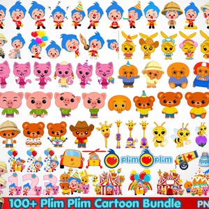 May include: A digital collection of Plim Plim cartoon characters, including various animals like bears, pigs, giraffes, and bees, alongside party-themed elements, numbers, circus tents, and the Plim Plim logo, all presented in a colorful graphic bundle.