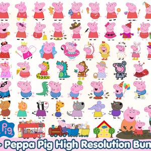 May include: A collection of Peppa Pig character illustrations featuring various outfits and activities, a red bus, a train, a house, and the text Peppa Pig 90+ Peppa Pig High Resolution Bundle. The characters are pink with diverse accessories.