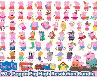 Pacchetto di oltre 90 immagini PNG e SVG di Peppa Pig / Simpatici personaggi dei cartoni animati rosa / Design per magliette di compleanno per bambini / Sublimazione e Cricut