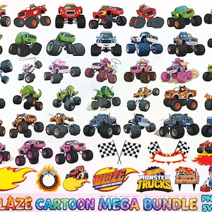 以下が含まれることがあります： Blaze and the Monster Machinesのキャラクターを含む、カラフルなモンスタートラックのイラストのコレクション。赤、緑、青、ピンクなど様々な色のトラック、レースフラッグ、誕生日をテーマにしたグラフィックが特徴です。「Blaze Cartoon Mega Bundle」の文字も表示されています。