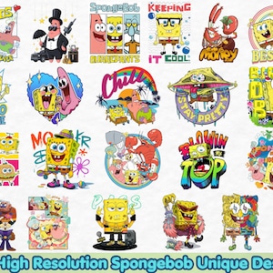 Może przedstawiać: Kolekcja ponad 30 kolorowych ilustracji cyfrowych przedstawiających SpongeBoba Kanciastoportego i przyjaciół w różnych pozach i motywach, zawierająca napisy takie jak Best Friends Forever, SquarePants, Time is Money, Besties, Chill, Stay Pretty i Justice League.
