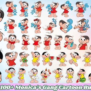 Puede incluir: Una colección digital de ilustraciones del personaje de Monica's Gang con diversas poses, expresiones y actividades, incluyendo sostener un conejo azul, comer sandía y leer, con el texto 100+ Monica's Gang Cartoon Bundle.