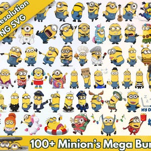以下が含まれることがあります： 様々なポーズや衣装の100体以上のミニオンのキャラクターのコレクション。 黄色のキャラクターは青いオーバーオールを着ており、さまざまなアクセサリーが描かれています。 画像のテキストは「High Resolution PNG SVG」と「100+ Minion's Mega Bundle」です。