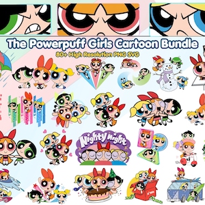 Könnte beinhalten: Eine Sammlung farbenfroher Powerpuff Girls Cartoon-Grafiken. Die Bilder zeigen die drei Hauptfiguren in verschiedenen Posen, zusammen mit dem Text "The Powerpuff Girls Cartoon Bundle" und "80+ High Resolution PNG SVG".