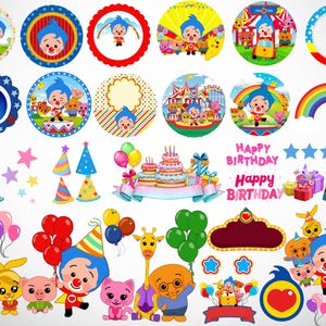 May include: A collection of colorful birthday party decorations featuring a clown character, circus elements, cakes, balloons, stars, and the text "Happy Birthday." The designs include circular frames, cutouts, and various cartoon characters.