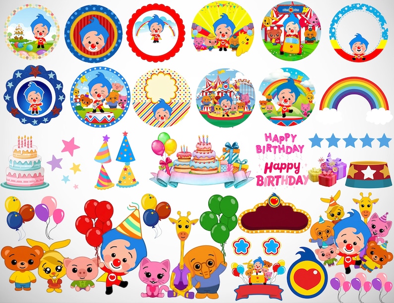 May include: A collection of colorful birthday party decorations featuring a clown character, circus elements, cakes, balloons, stars, and the text "Happy Birthday." The designs include circular frames, cutouts, and various cartoon characters.
