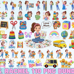 May include: A digital collection of 110 PNG illustrations featuring a girl with a brown ponytail wearing denim overalls and a pink shirt, depicted in various activities with educational toys, school supplies, a yellow bus, and a puppet character.