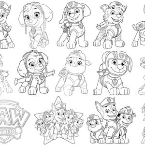 Könnte beinhalten: Schwarz-Weiß-Strichzeichnungen verschiedener Paw Patrol-Charaktere in Actionposen. Das Bild enthält das Paw Patrol-Logo und mehrere einzelne Charakterillustrationen, ideal zum Ausmalen oder für Bastelprojekte.