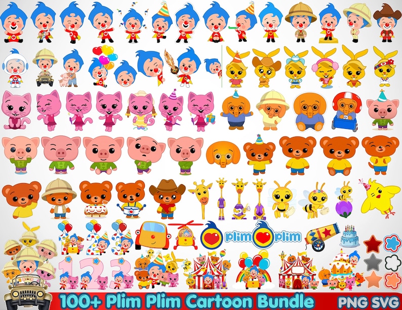 May include: A collection of colorful cartoon characters, including clowns, cats, pigs, bears, and other animals. The image includes the text "100+ Plim Plim Cartoon Bundle" and "PNG SVG".