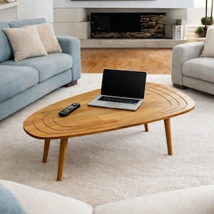 Mesa de centro ovalada de madera maciza hecha a mano: mesa de centro rectangular de madera natural, mueble rústico moderno para sala de estar.