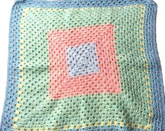 Vintage Hand Knit Crocheted Pastel Baby Security Blanket Afghan Throw