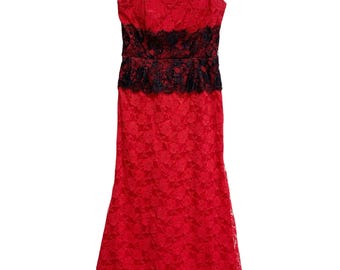red dress with black lace overlay 1950s Cocktail Date Night Evening Drop Waist Short Sleeve and design details to create your dream wedding dress Red Dress with black overlay