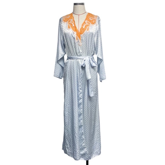 Vintage Womens Blue Dot Orange Lace Trim Long Robe - image 1
