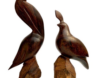 Vintage Mid Century Modern Carved Teak Wood Pelican Quail Bird Sculptures Set