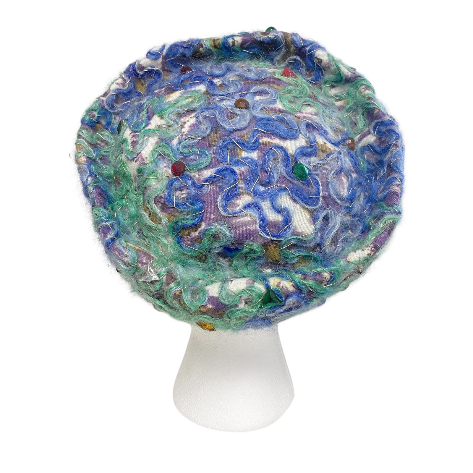 Vintage Gene Doris Colorful Blue Green Jewel Detail Pillbox Hat Vintage 50s Gene Doris Pill Box Hat Black Satin with Mesh  main image 4