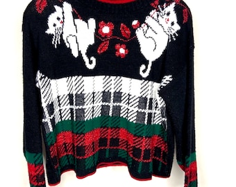 Vintage J.J Poole Hanging Kitty Cat Tartan Plaid Knit Sweater