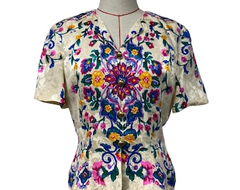 Vintage Maggy London Womens Size 8 Floral Silk Button Up Blouse