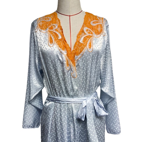 Vintage Womens Blue Dot Orange Lace Trim Long Robe - image 3