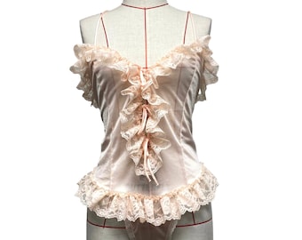 vintage Teddy transparent pêche en dentelle à volants pour femmes, taille L, pêche au dos