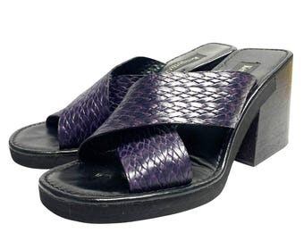 Vintage Kenneth Cole NY Womens Size 7 Chunky Heel Purple Cross Strap Slide Sandals