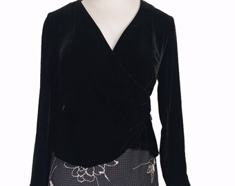 Vintage Ann Taylor Womens Size 2 Black Velvet Long Sleeve Wrap Top
