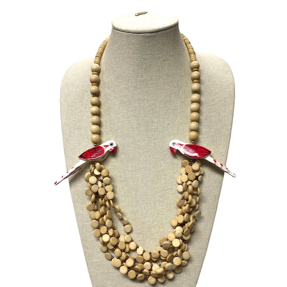 Vintage Red Parrot Wood Bead Statement Necklace