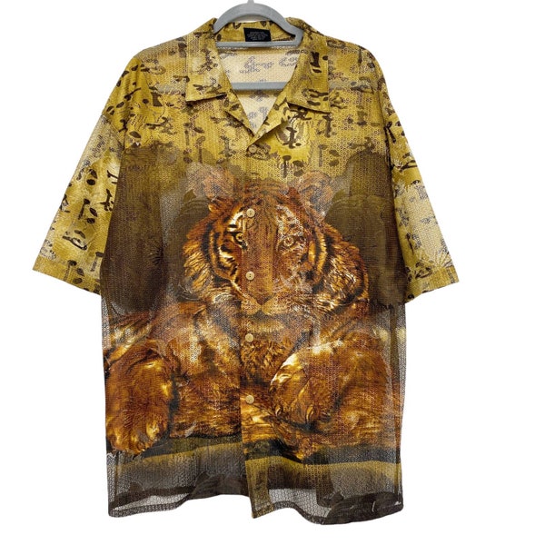 Vintage Hop Lite Mens Size XL Sheer Mesh Tiger Print Button Up Shirt