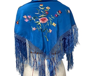 Vintage floral bestickter spanischer Flamenco blauer Fransen-Dreiecksschal