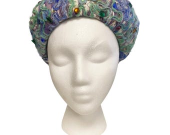 Vintage Gene Doris kleurrijke blauwgroene hoed met juweeldetail Pill