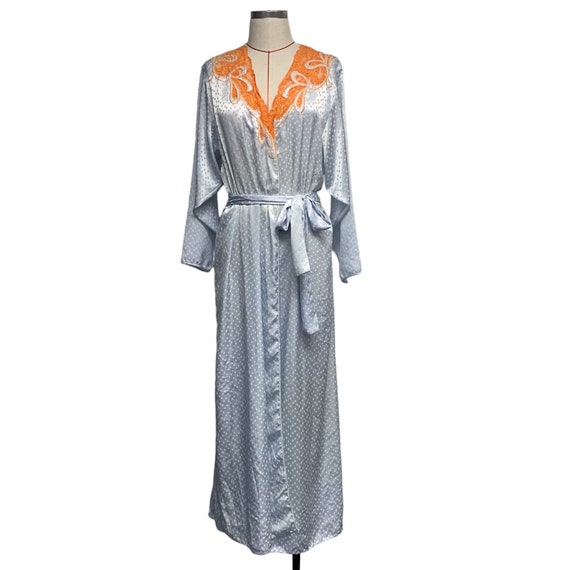 Vintage Womens Blue Dot Orange Lace Trim Long Robe - image 2