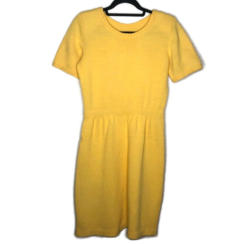 Vintage Womens Yellow Knit Short Sleeve Midi Dress