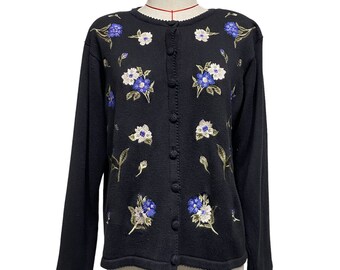 vintage Alfred Dunner - Pull cardigan en tricot à fleurs brodées taille M pour femmes