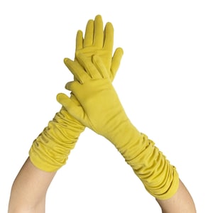 Vintage Fownes Embraceable Dam Storlek 6-7 Gula Rynkade Nylon Långa Handskar