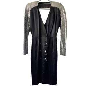 Vintage A La Carte Womens Size 7/8 Black Silver Satin Double Breasted Cutout Back 80s Dress