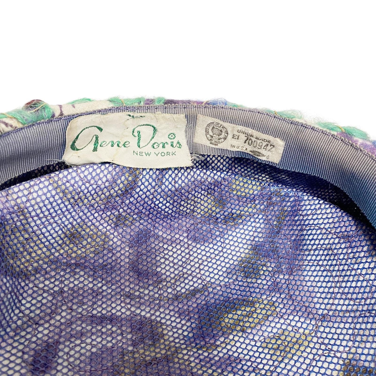 Vintage Gene Doris Colorful Blue Green Jewel Detail Pillbox Hat Vintage 50s Gene Doris Pill Box Hat Black Satin with Mesh  main image 3