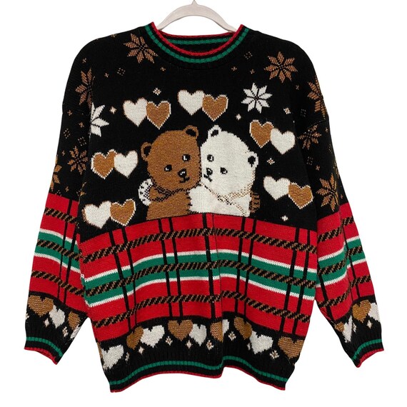 Vintage Womens Knit Bears Hugging Winter Plaid Ta… - image 1