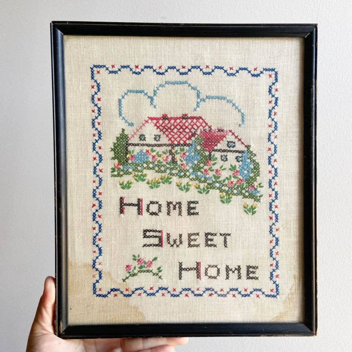 Vintage Home Sweet Home Framed Cross Stitch Cottage Shabby Etsy