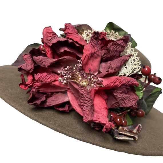 Vintage Linda Madden Womens Brown Hat With Flower Brimmed 