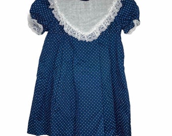 Vintage Just Peachy Mädchenkleid, Größe 6 Jahre, blau gepunktet, Latzdetail, Spitzenbesatz
