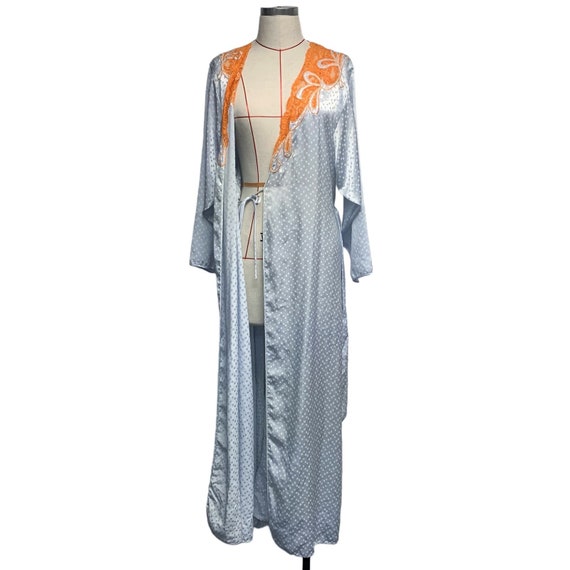 Vintage Womens Blue Dot Orange Lace Trim Long Robe - image 4