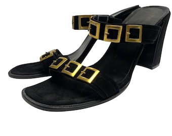 Vintage Donald J Pliner Womens Size 7.5 Black Suede Gold Buckle Y2K 90s Sandals