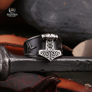 Thor&#39;s Hammer Viking Ring for Men | Mjolnir Norse Jewelry | Celtic Knot Stainless Steel Warrior Ring | Norse Mythology Gift for Him