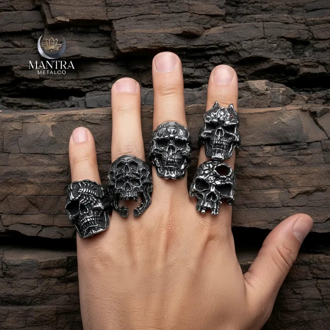 Punk Skull Ring Men, Stainless Steel Gothic Ring, Biker Skeleton Ring ...