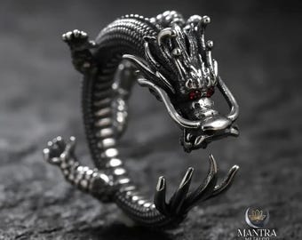Dragon Ring Men 925 Sterling Silver, Chinese Dragon Ring, Adjustable Open Ring, Statement Ring, Asian Dragon Jewelry, Handmade Gift for Him
