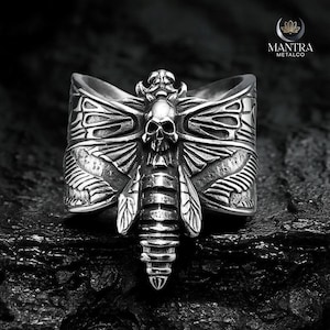 Handmade Death Head Moth Ring, Gothic Skull Stainless Steel Jewelry, Adjustable Biker Statement Ring, Dark Alternative Punk Nature Gift